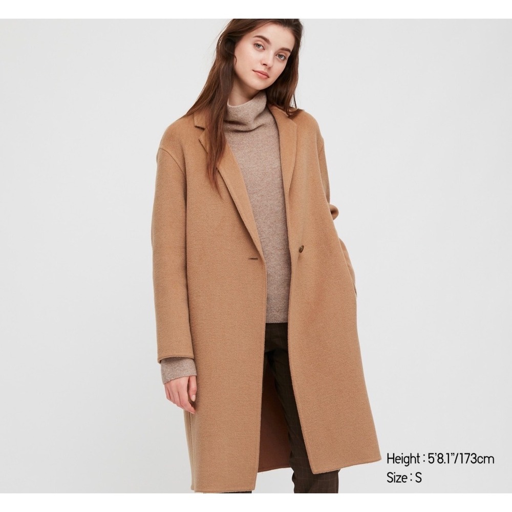 Uniqlo Double Face Long Coat Camel Tan Wool Blend Minimalist 429473 Womens Small